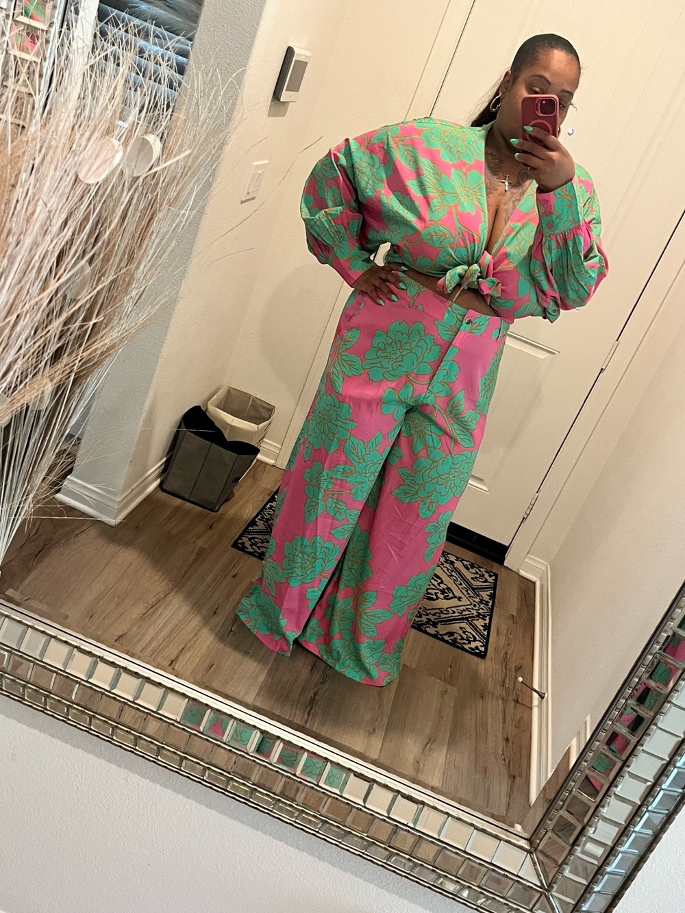 Pink and Green Floral Two-Piece Set - Cropped Tie Top & Wide Leg Pants - Picture 2 of 5
